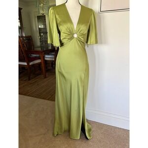 Abercrombie & Fitch Angel Sleeve O-Ring Satin Maxi Dress Sz S Lime Green Slit